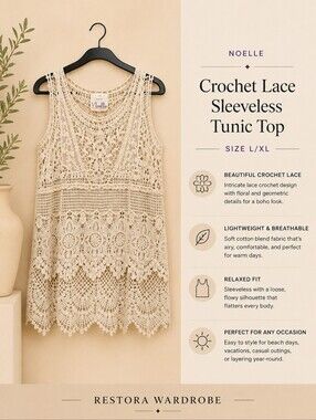 Noelle Beige Crochet Lace Sleeveless Boho Tunic Top L/XL